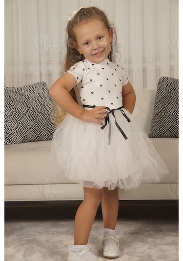 Kız Bebek-çocuk Kısa Kollu Doğum Günü Ve Özel Günler İçin Kalpli Tüllü Astarlı Elbise Kısakol-beyaz Beyaz