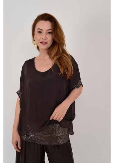 İtalyan Yarasa Kollu Payetli İpek Bluz-9248 Kahverengi