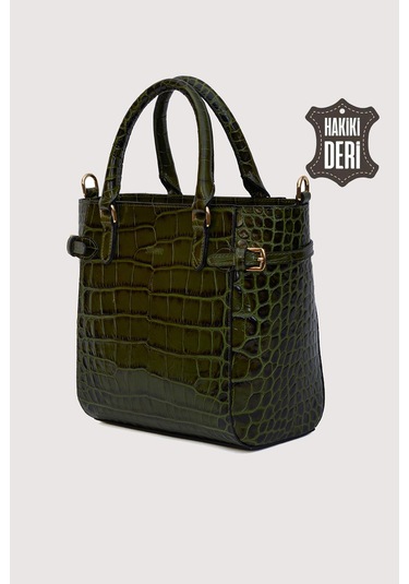 Hakiki Deri Kadın El Çantası Yeşil Kroko Smr7922 Yeşil Kroko