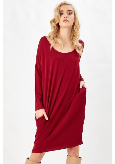 Peraluna Bordo Rengi 3/4 Kol Balon Kadın Triko Elbise Bordo