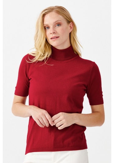 Desen Triko Kadın Likralı Kısa Kollu Tam Balıkçı Bluz 20346 Kırmı Kırmızı