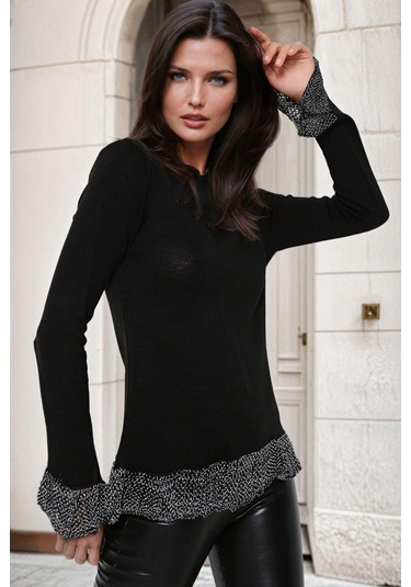 Siyah Yuvarlak Yaka, Fırfır Kol Ve Etek Ucu Detaylı, Triko Bluz Siyah