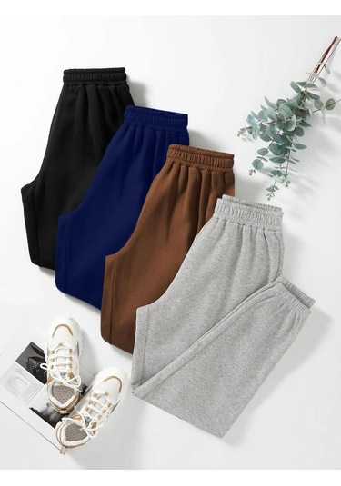 4'lü Basic Düz Eşofman Altı Jogger - Siyah Lacivert Kahverengi Gri Lastik Paça Yüksek Bel Siyah Lacivert Kahverengi