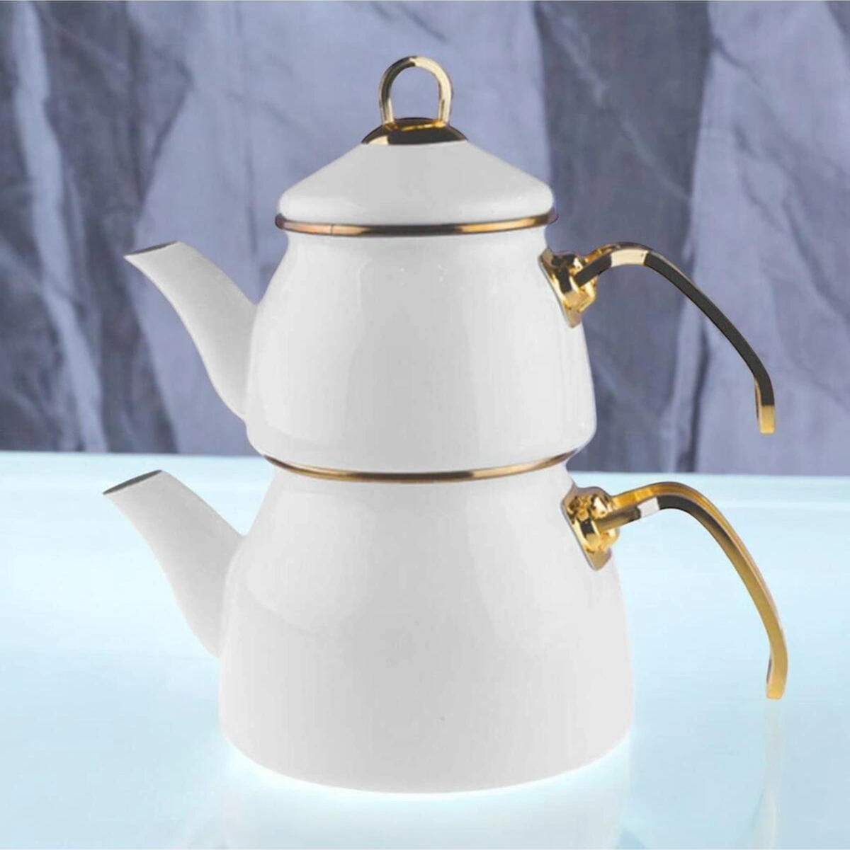 Taşev Robin Emaye Çaydanlık Takımı Karamel Ekru