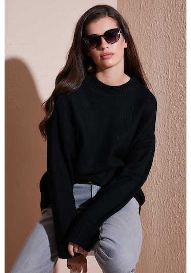 Lela Regular Fit Bisiklet Yaka Basic Triko Bayan Kazak 4616213 Siyah