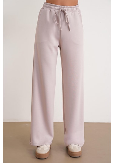 2026 Kadın Fular Detaylı Modal Alt Üst Eşofman Takım Bej Bej