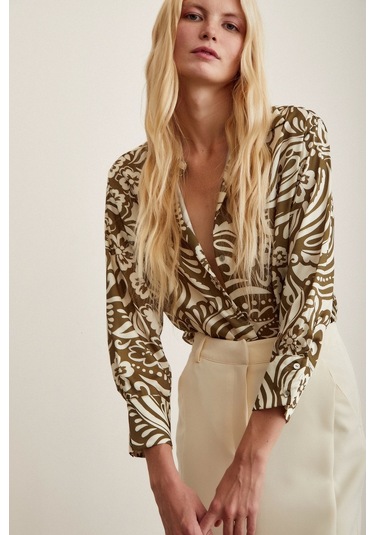 Never More Çiçek Desenli Gömlek Haki