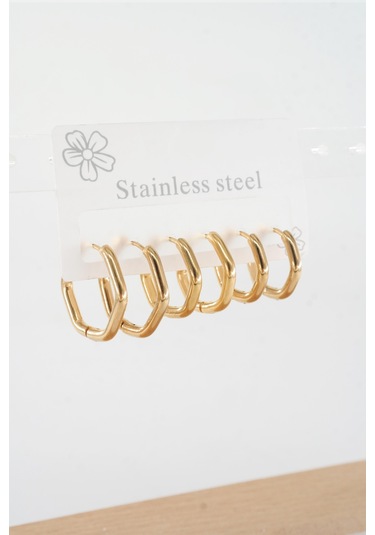 Kadın 316 L Çelik Anti Alerjenik Beşgen Model 3 Boy 1.8cm / 2.2 Cm /2.5 Cm Klipsli 6'lı Set Küpe -5130 Altın