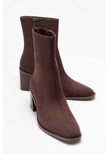 Chara Kahverengi Süet Kadın Kalın Topuklu Bot Süet Kahve