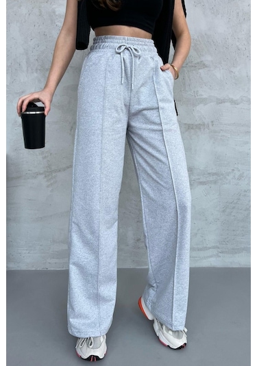 Kadın Mevsimlik Salaş Geniş Paça Yüksek Bel Gri Eşofman Altı Cmrb102 Gri