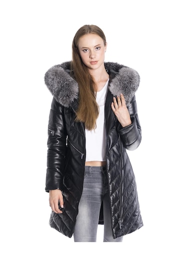 Derinss Dka1704 Hakiki Deri Kadın Siyah Kaban/Mont