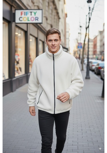 Beyaz Premium Kalite Dik Yaka, Fermuarlı, Polarlı, Peluş Ceket Beyaz
