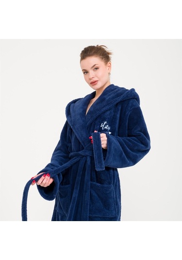 Uzun Welsoft Kapüşonlu Kadın Sabahlık Lacivert