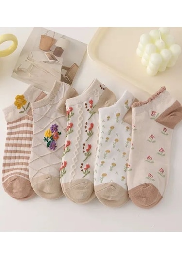Bgk 5 Çift Çiçek Gül Desenli Kadın Çorap Çok Renkli
