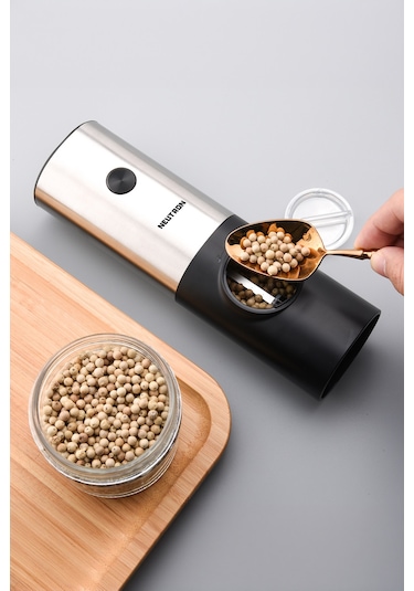 Neutron Pilli Led Işıklı Tuz Karabiber Baharat Değirmen Öğütücü Siyah