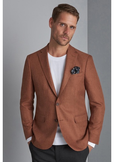 Erkek Kiremit Slim Fit / Dar Kalıp Mono Yaka Ceket-10538 Kahverengi