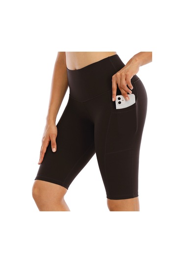 Beş Puan Spor Şort Kadın Yan Cebi Kalça Dar Ve Elastik Koşu Spor Sıcak Pantolon Yüksek Bel Yoga Şort Kahverengi