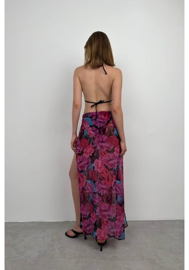 Çift Yırtmaçlı Desenli Pareo Mavi