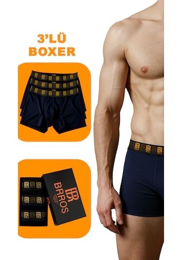 Maksfd Erkek 3 Lü Pamuklu Boxer Set Rahat Ve Esnek İç Giyim Erkek Boxer - Brros Modeli Lacivert