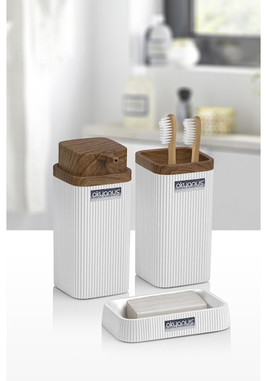 Okyanus Home Stella Beyaz Ahşap Desenli 3'lü Banyo Seti Beyaz