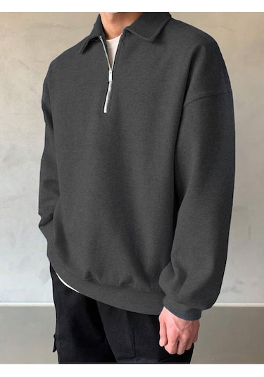 Genius Store Erkek Polo Yaka Oversize Yarım Fermuar Sweatshirt Füme