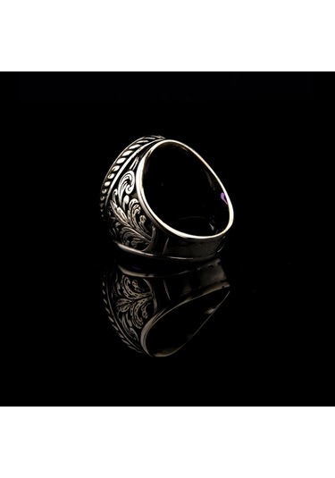 925 Ayar Gümüş Yaprak İşlemeli Ametist Taşlı Erkek Yüzük Çok Renkli