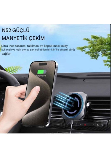 Magsafe Güçlü Manyetik 15w Hızlı Şarj Led Işıklı Araç Telefon Tutucu