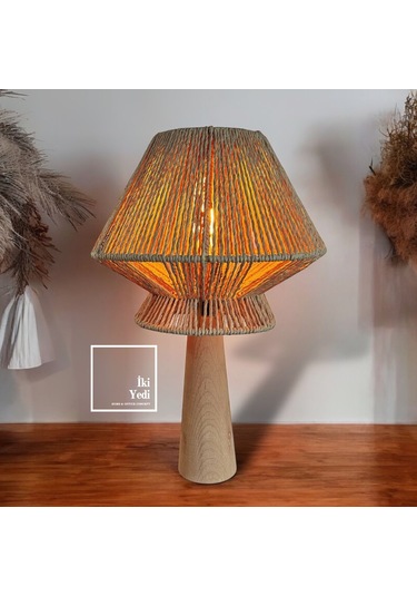 Zolie Masif Ahşap Halat Örme Abajur, Otantik Masa Lambası, Naturel Dekoratif Ev İş Hediyesi Naturel