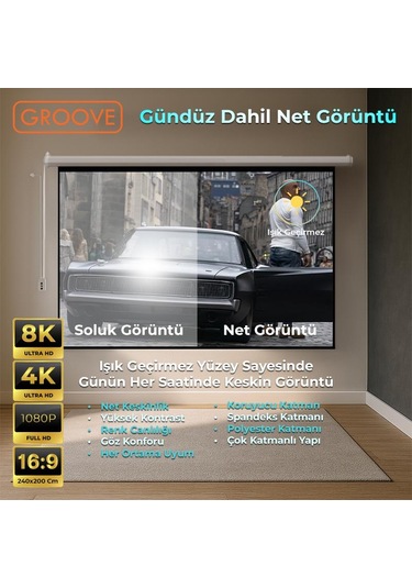Groove Vizio Pro 240x200cm Blackout Işık Geçirmez Elektrikli Otomatik Kumandalı Projeksiyon Perdesi +motorlu+canlı Renkler+göz Koruması+leke Tutmaz Projector