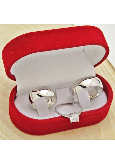 8 Mm Bombeli Gümüş Çift Alyans Söz Yüzükleri Tektaş Hediye Wr23