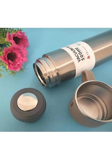 Paslanmaz Çelik 3 Bardaklı Vakumlu Vacuum Termos Set 500 Ml, 12 Saate Kadar Isı Koruma Termos Gümüş