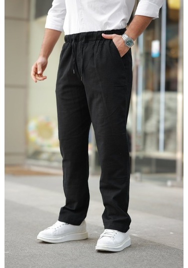 Erkek Beli Lastikli Keten Rahat Pantolon Siyah