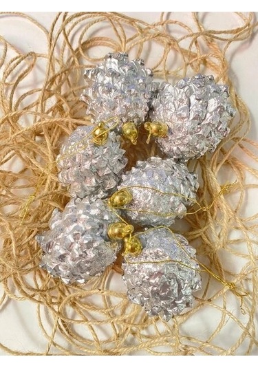 Yılbaşı Ağaç Süsü Kozalak Gümüş Rengi 5 Cm 6 Adet Kozalak