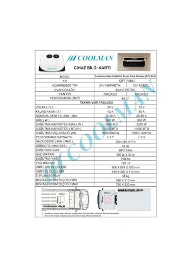 Coolman Haier Karavan Elektrikli Tavan Kliması Çift Fanlı - 12v-1772 Çok Renkli