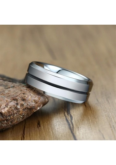 Siyah Ve Gümüş Ikuinen Casual Tungsten Yüzük Erkekler İçin 8mm İnce Oluklu Tungsten Karbür Düğün Bandı