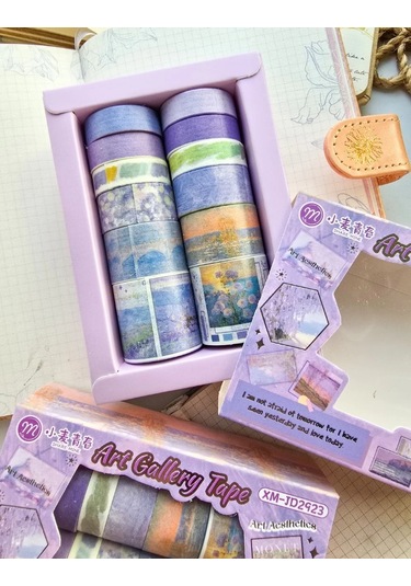 Art Vintage Washi Tape Bant Yapışkanlı Maskeleme Kağıdı Desenli Bant 12'li - Mor Claude Monet Tabloları 1