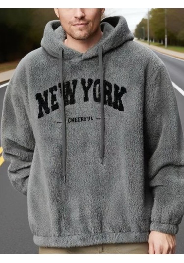 Avrupa Ve Amerikan Baskılı Moda Marka Kapüşonlu Büzme İpli Kazak Gündelik Spor Tarzı Erkek Ceketi Gri
