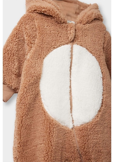 Defacto Erkek Bebek Yenidoğan Kapüşonlu Fermuarlı Uzun Kollu Pelüş Tulum D6028a525wnbn287 Kahve