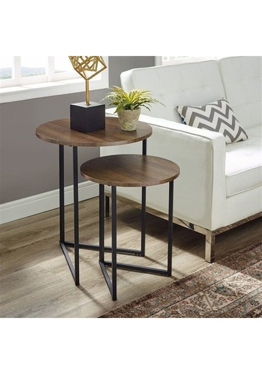 İkili Yuvarlak Doğal Ahşap Zigon Sehpa Siyah