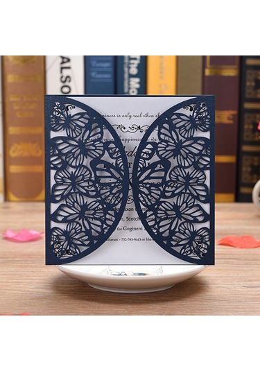 Kosona 10'lu Mavi Perl Kağıt Davetiye Seti - Evlilik, Doğum Günü, Toplantı İçin - Gövde + İç Kart - Güzellikli Çiçek Desenli