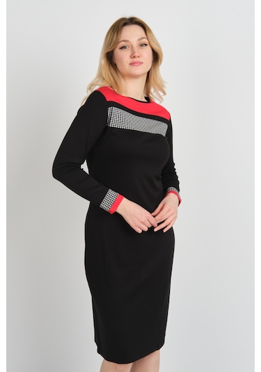 Sistas Kadın Kazayağı Desenli Bisiklet Yaka Uzun Kol Elbise 22974 Siyah Siyah