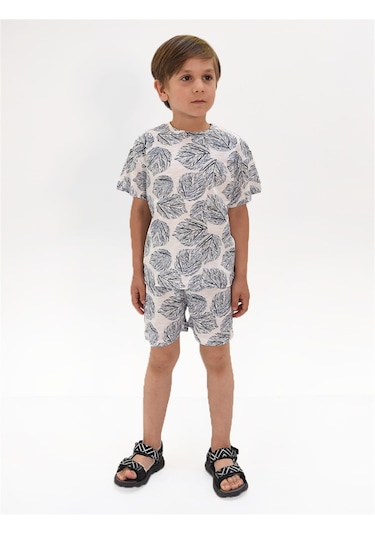 Luess Erkek Çocuk Yaprak Desenli Tshirt Şort Takım Beyaz - Mavi