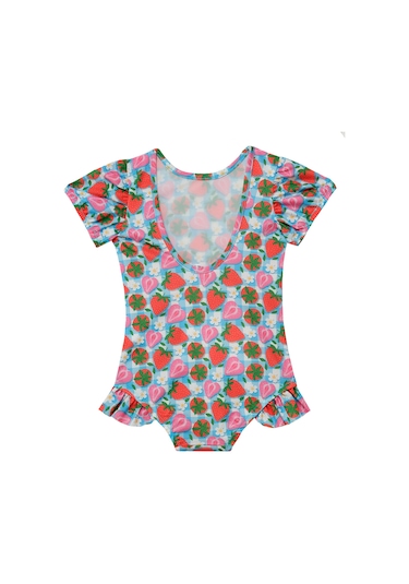 Uv Korumalı Kısa Kollu Tulum Kız Bebek Yüzücü Mayo Çilek Desen 5109 Mavi Mavi