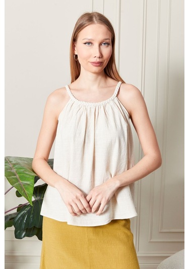 Şık Farklı Tarz Keten Işıl Bluz - Zarif Ve Modern Tasarım Krem