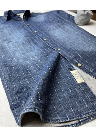 Slim Fit Saf Pamuk Denim Kumaş Kot Gömlek--laci Çizki Eskitme- Renkli