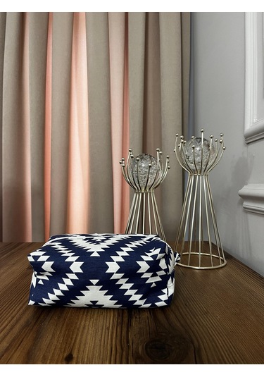 Etnik Zikzak Desenli Duck Kumaş Makyaj Çantası Navajo Tarzı Su Geçirmez Astarlı Seyahat Çantası Mavi