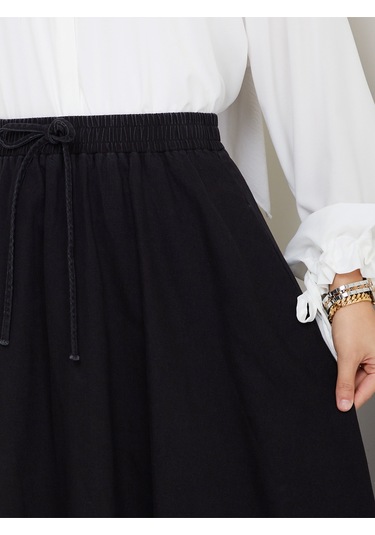 Beli Lastikli İpli Kot Kloş Etek Siyah Siyah