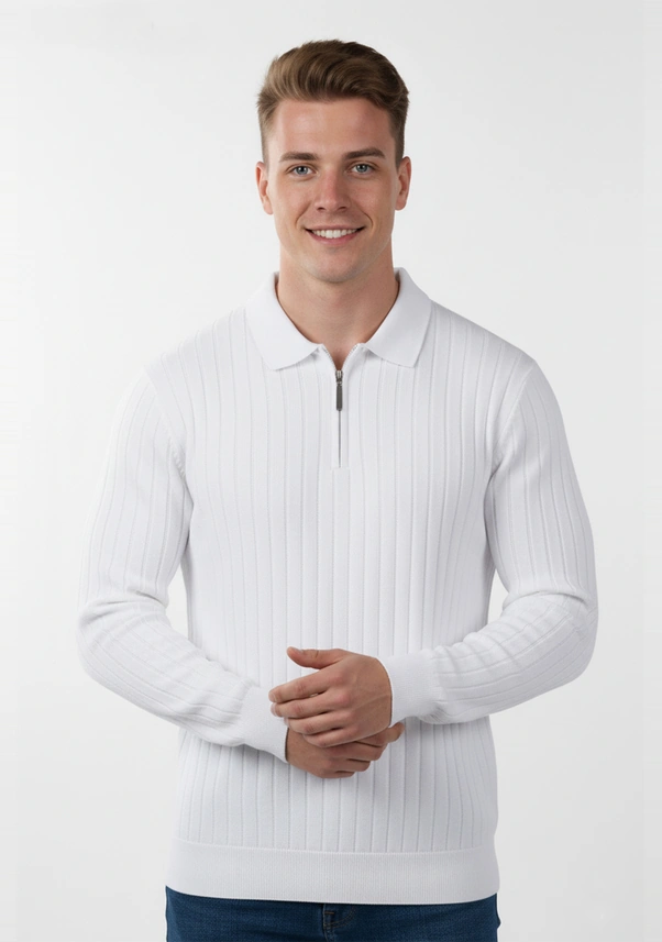 Deepsea Erkek Beyaz Slim Fit Polo Yaka Triko Kazak - Yumuşak Dokulu Esnek Ve Şık Görünüm 2605305 Beyaz