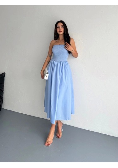 Straplez Pileli Elbise - Açık Mavi Açık Mavi