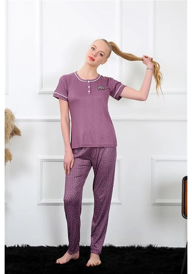 Giyim Kadın Mürdüm Kısa Kol Pijama Takım MÜRDÜM